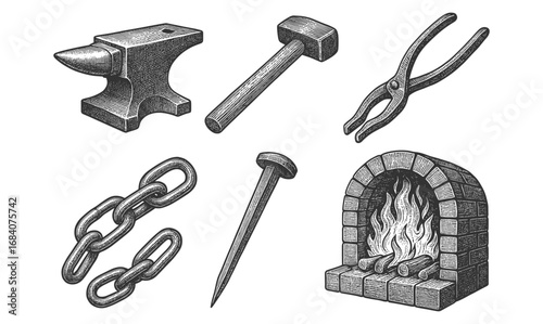 Vintage blacksmithing tools and forge in detailed engraving style