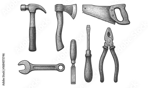 Vintage hand-drawn tools set illustrating classic hammer, axe, saw, and more