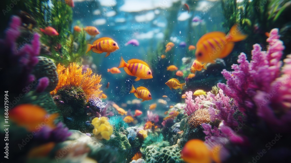 Fototapeta premium Vibrant coral reef teeming with colorful fish in a breathtaking underwater scene.
