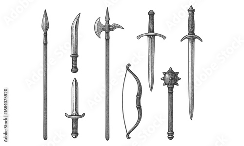 Medieval weapons collection: detailed antique swords, axes, and arrows set
