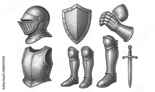 Vintage medieval armor collection with detailed knight equipment sketches