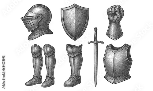Medieval knight armor set with helmet, shield, and sword in vintage engraving style
