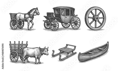 Vintage transport: engraved horse carriage, ox cart, and canoe collection