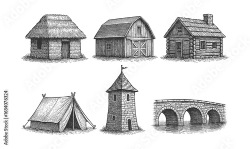 Rustic rural architecture and structures in vintage engraving style