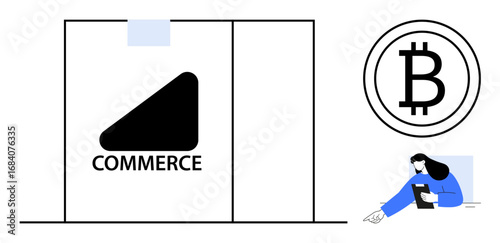 E-commerce logotype beside Bitcoin symbol, woman using tablet for digital financial transactions. Ideal for cryptocurrency, blockchain, e-commerce, finance, technology, startups, simple landing page