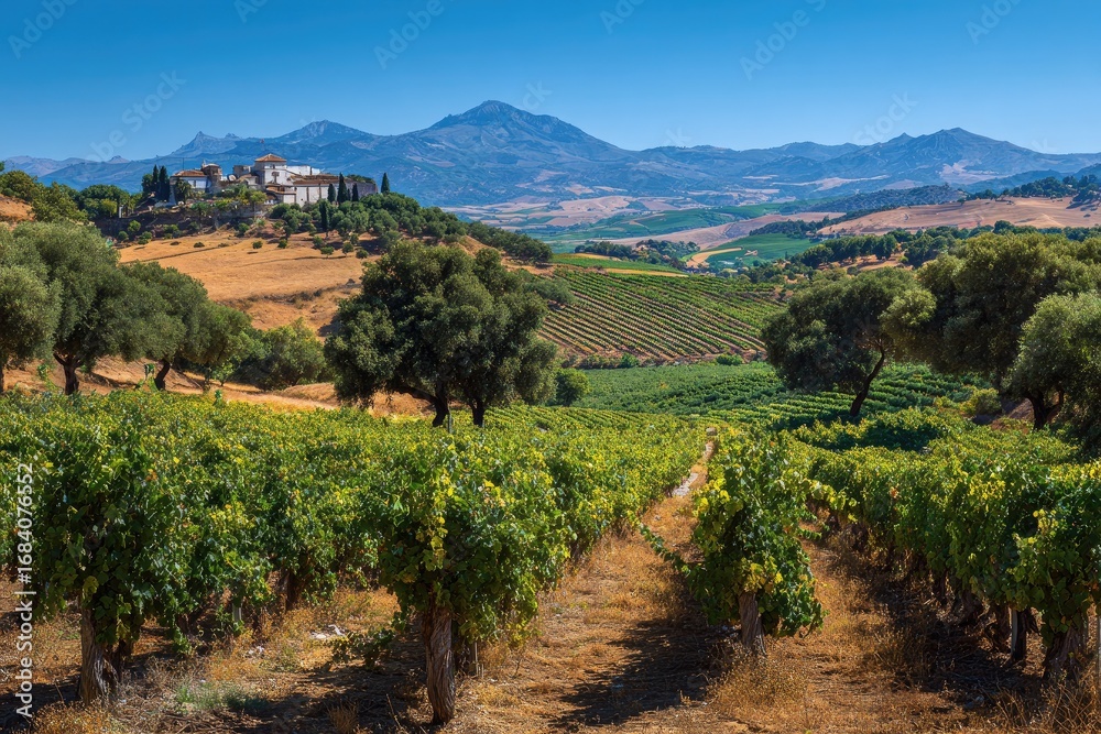 Naklejka premium Vineyard landscape stretches to a mountain range under a clear sky
