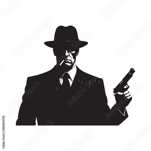 Silhouette of a man in a fedora holding a gun and smoking a cigarette vector