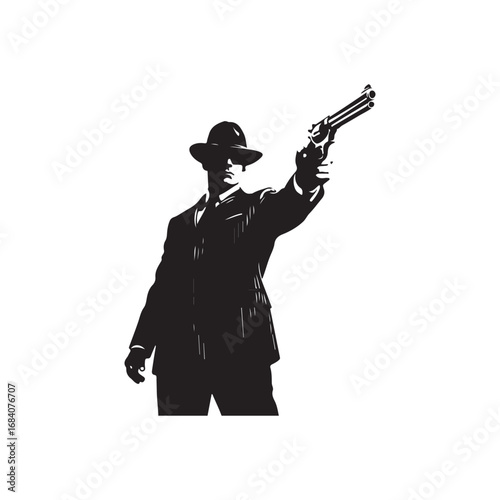 Silhouette of a man in a fedora and suit holding a pistol raised vector