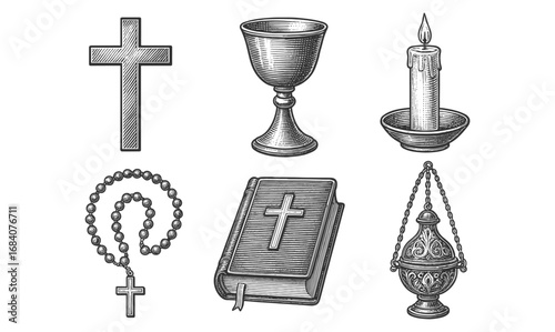Vintage religious objects: cross, chalice, candle, rosary, bible, censer in classic engraving style