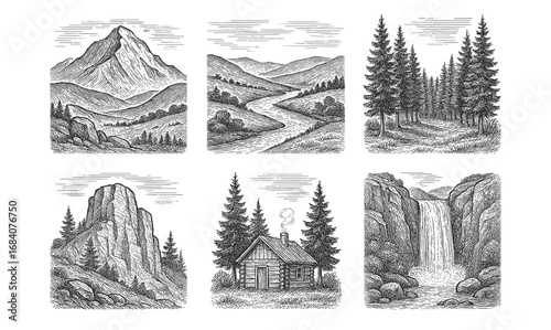 Hand-drawn mountain scenes with cabins, trees, and waterfalls in vintage style