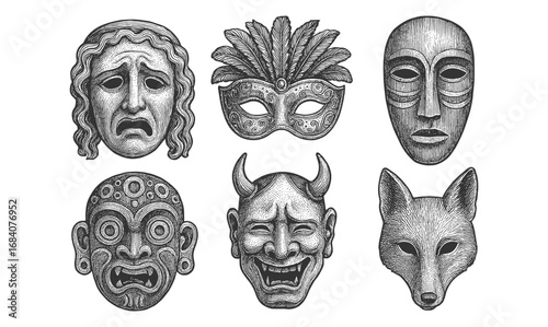 Intricate black and white vintage mask collection featuring cultural designs