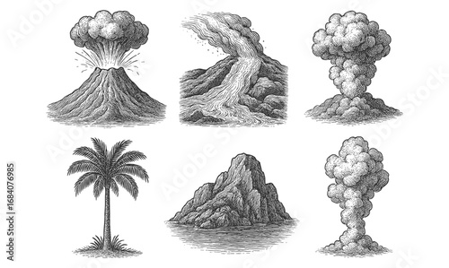 Hand drawn vintage volcanic eruptions and natural landscapes collection