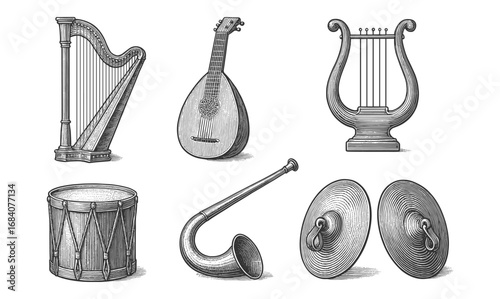 Vintage musical instruments: harp, lute, lyre, drum, horn, cymbals in engraved style
