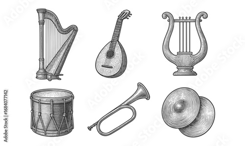 Detailed sketch of classical musical instruments with vintage style