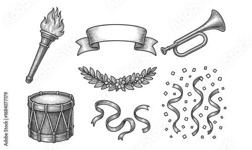 Vintage celebration elements sketch with torch, drum, trumpet, and ribbons