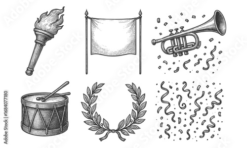 Hand-drawn celebration set with torch, banner, trumpet, drum, laurel, and confetti
