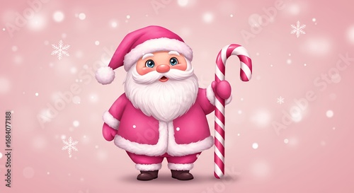 Pink cartoon santa claus holding candy cane