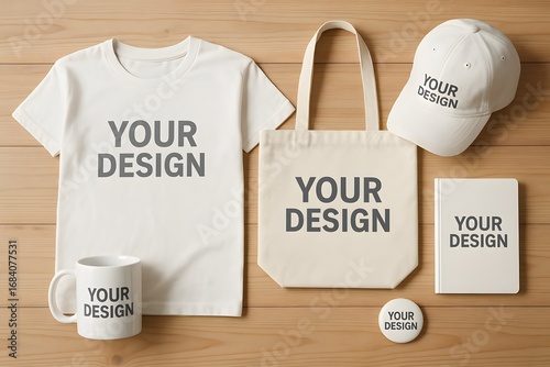 Creative mock-up on wooden background featuring T-shirt, mug, tote bag, hat, button and notepad.