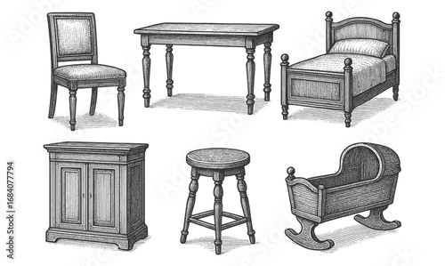 Vintage furniture set with detailed hand drawn elements in black and white