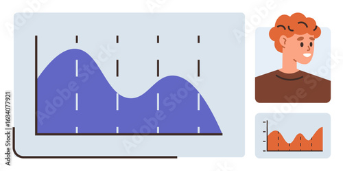 Line graph with fluctuating curves, points, and a young red-haired character. Ideal for statistics, analytics, business, research, data presentation, strategy planning simple flat metaphor