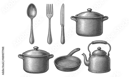 Vintage kitchenware set with retro cutlery and cookware in engraved style