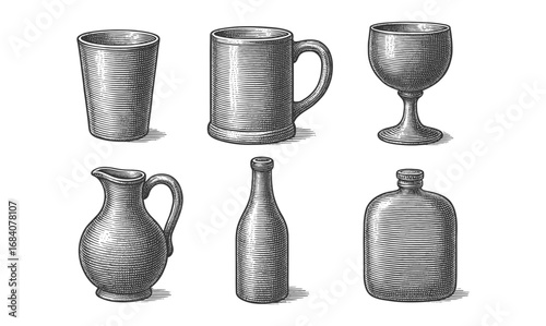 Vintage etched drinkware collection featuring mug, goblet, and bottle designs