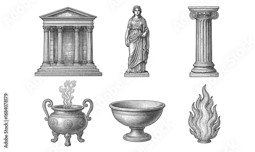 Ancient greek architecture and art engravings in vintage style