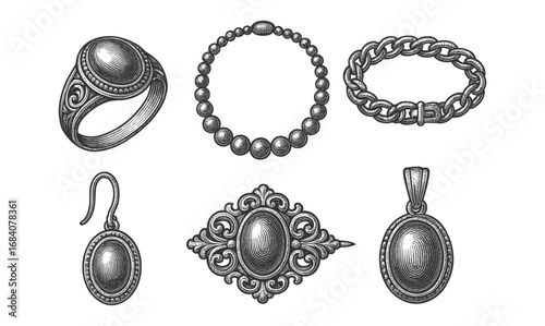 Ornate jewelry collection in vintage engraving style