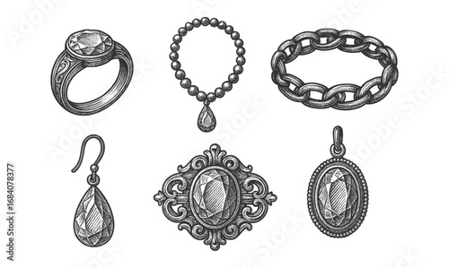 Antique jewelry engravings: rings, bracelets, and pendants with gemstone details