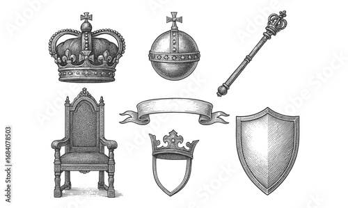 Engraved monarchy symbols: crown, scepter, throne, and shield