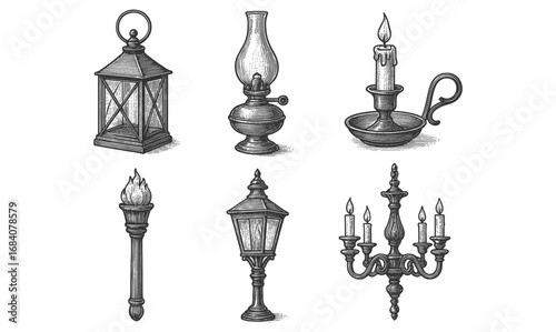 Vintage lamp collection: antique lanterns and candle holders in engraved style