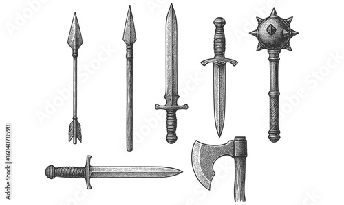 Medieval weapons set: detailed engraved sword, axe, and spear collection