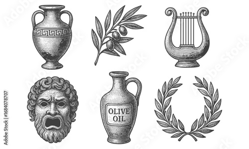 Hand-drawn ancient greek artifacts collection: vase, olive branch, lyre, mask, laurel wreath