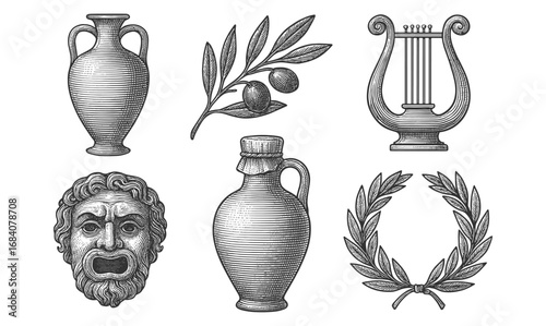 Antique engraving style: greek amphoras, lyre, laurel, and theater mask set