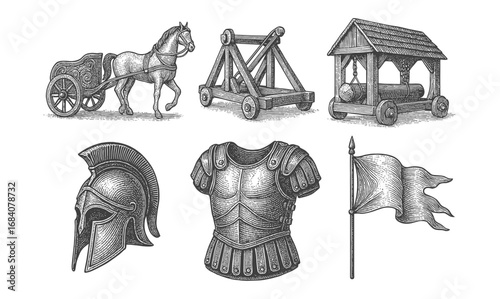 Medieval warfare engravings: ancient armor, siege machines, and battle symbols