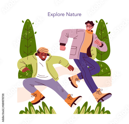 Exploring Nature Together in a Playful Leap Illustration