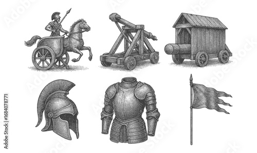 Medieval warfare equipment: chariot, catapult, battering ram, and armor