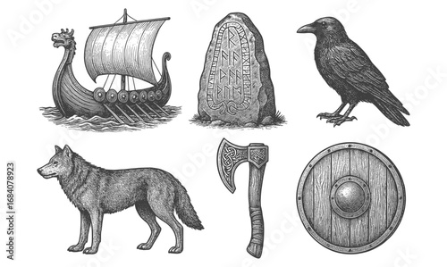 Hand drawn nordic elements: viking ship, rune stone, raven, wolf, axe, and shield