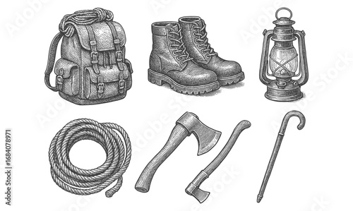 Vintage hiking gear set with backpack, boots, and tools in detailed engraving style