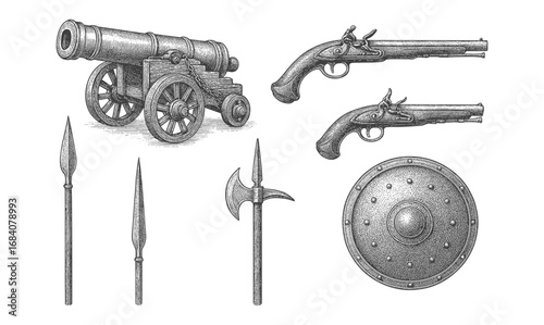 Hand-drawn antique weapons collection with cannon, pistols, spears, axe, and shield
