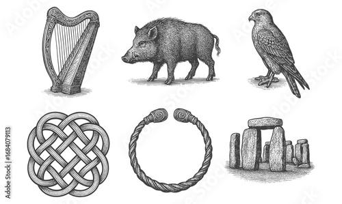 Detailed engravings of celtic symbols and wildlife in monochrome