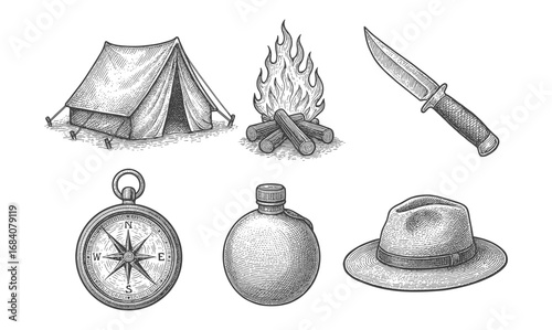 Vintage camping equipment collection with tent, campfire, and tools