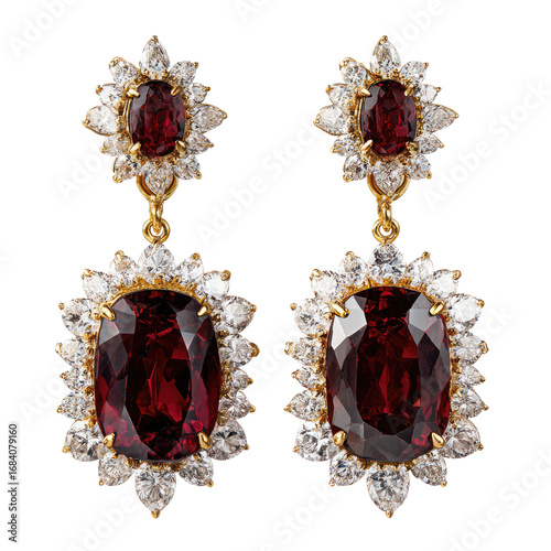 Pair of dangle earrings with deep red gemstones and  diamond accents.  Gold-toned setting