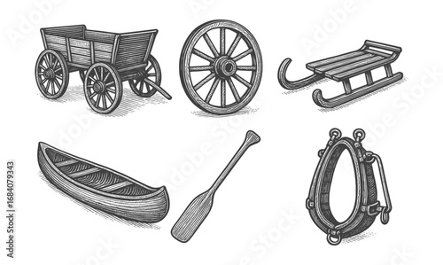 Vintage hand drawn transport collection featuring wagon, canoe, and sled