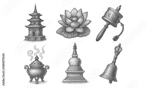 Intricate engravings of buddhist symbols and architecture