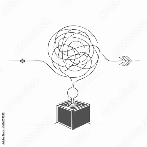 Problem to Solution. A visual metaphor showing a tangled, chaotic knot of lines on one side, which then feeds into a simple machine or black box, and emerges as a single, straight, orderly line
