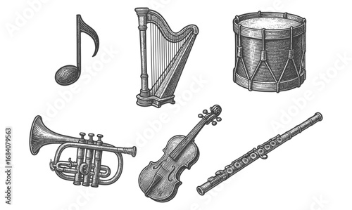 Vintage musical instruments set: harp, trumpet, violin, drum, flute, and note