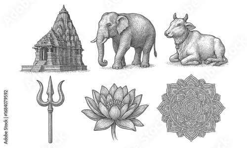 Traditional indian symbols in detailed hand drawn style