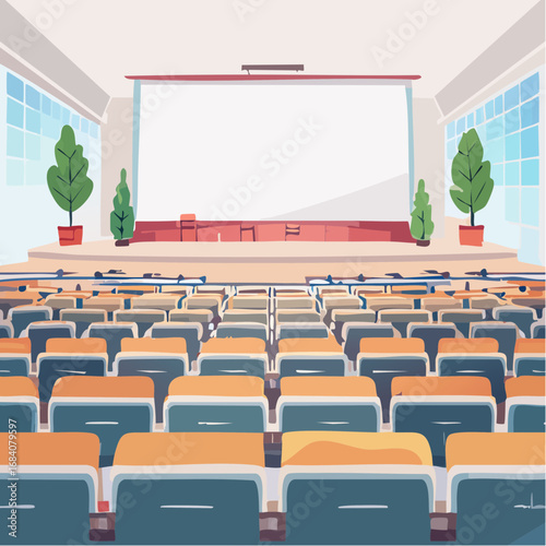 Conference Auditorium. An empty auditorium or lecture hall with rows of seats facing a large stage and a giant, empty screen.
