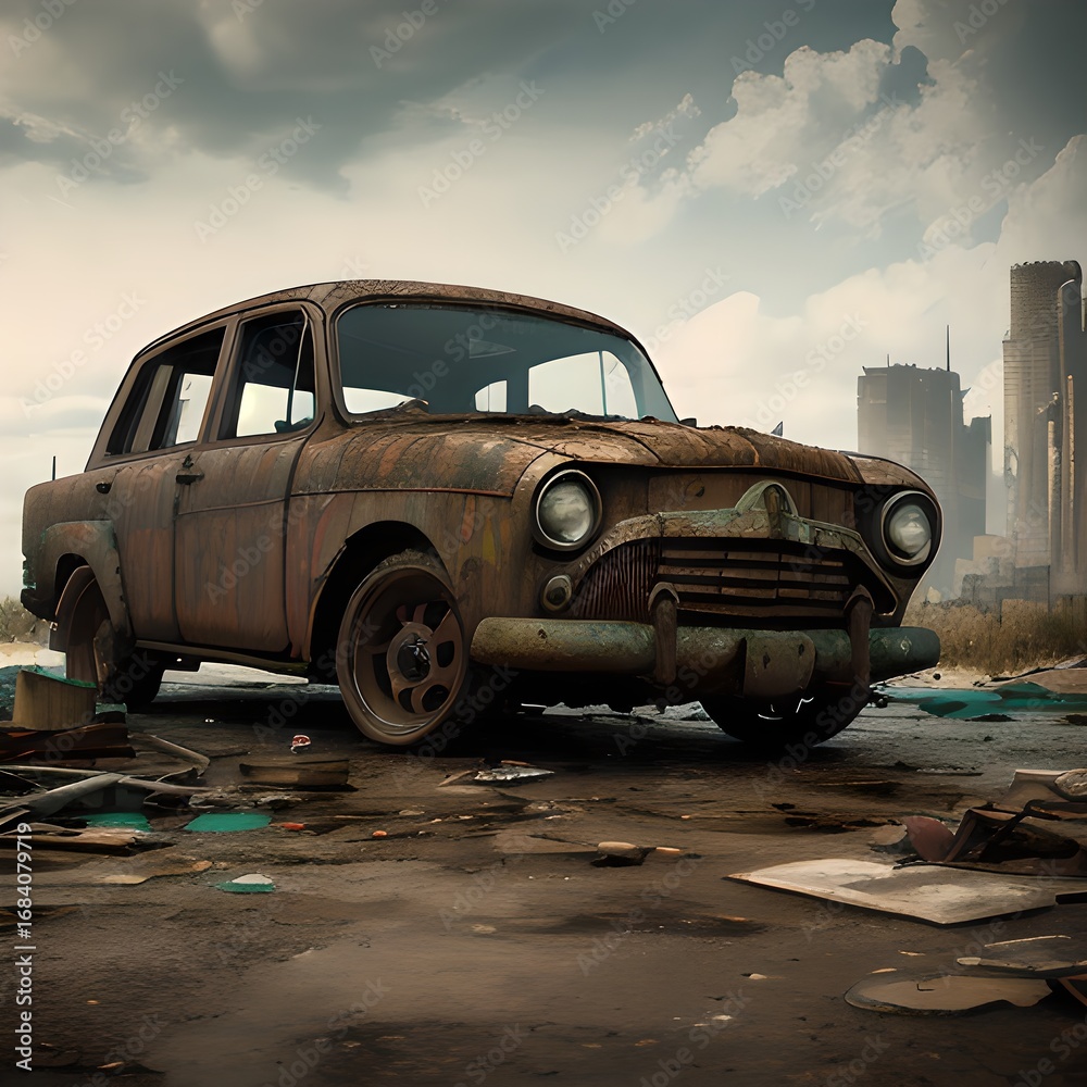 Fototapeta premium Rusted Car in Urban Ruins